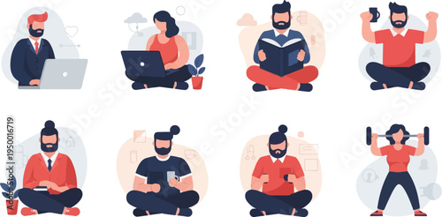 Diverse people engaged in various activities like working, reading, and exercising (4)