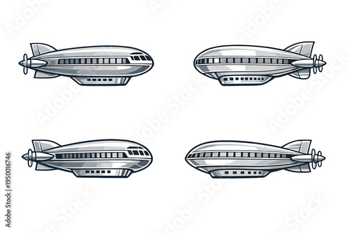 A set of four stylized retro-futuristic airship icons in a metallic