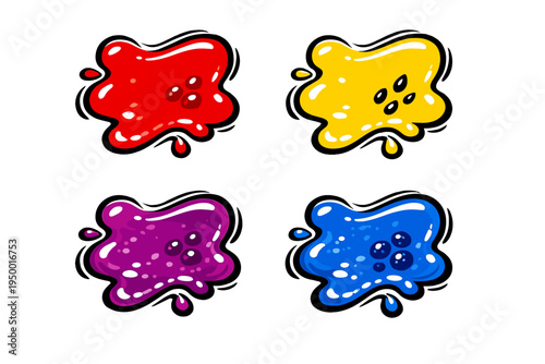 A set of four colorful cartoon paint splats in red, yellow, purple