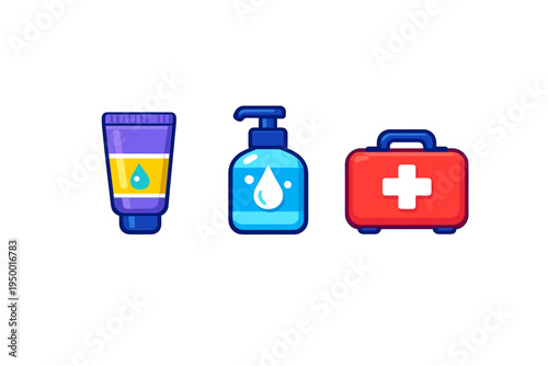 Set of three flat vector icons representing medical and hygiene