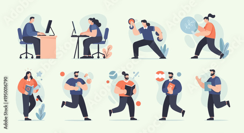 Diverse people engaged in various activities working, exercising, and learning