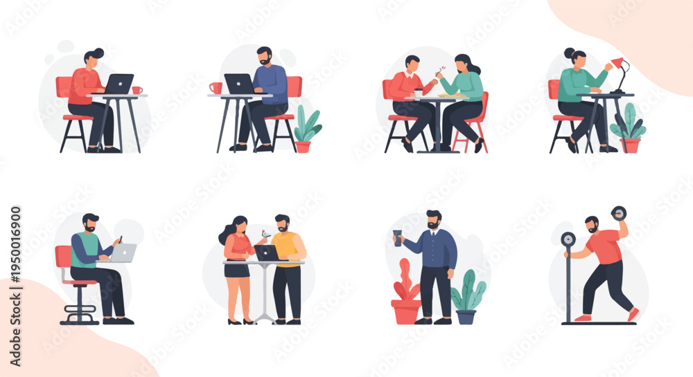 Naklejka premium Diverse people engaged in various activities working, eating, and exercising