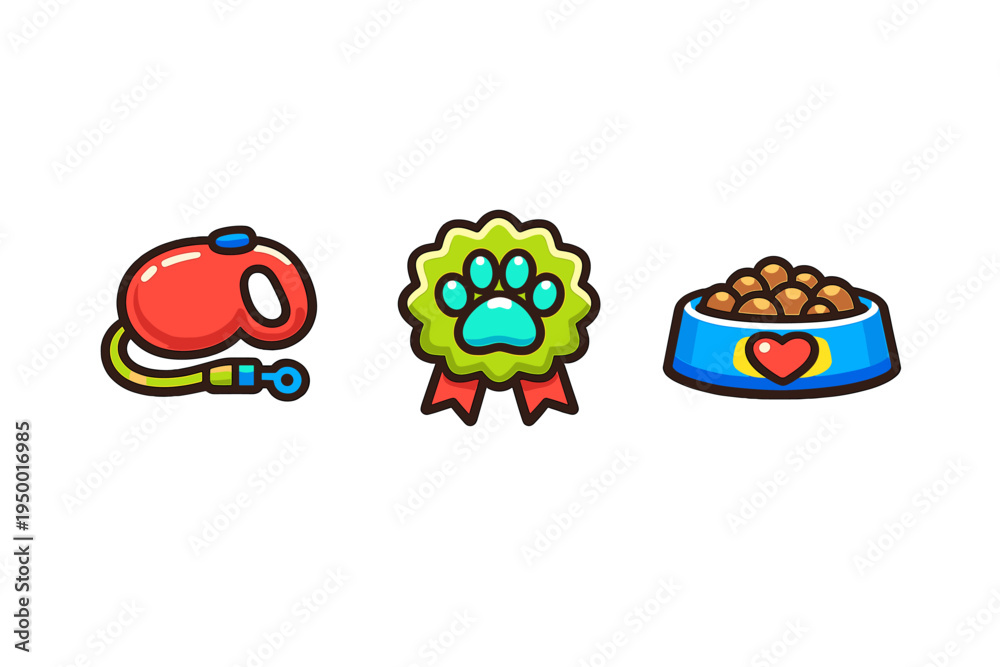Fototapeta premium A set of three colorful cartoon pet care icons featuring a red