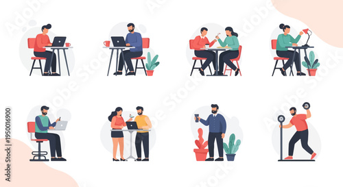 Diverse people engaged in various activities working, eating, and exercising