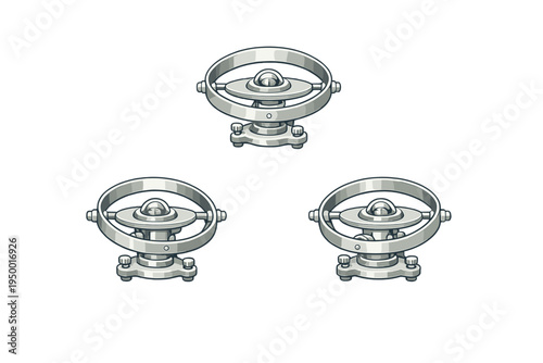A set of three silver metallic mechanical gyroscope icons isolated on