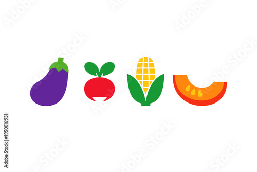 A set of four minimalist vegetable icons including a purple eggplant