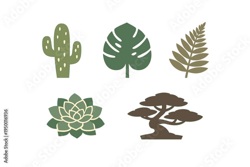 A set of five stylized botanical icons featuring a cactus, monstera