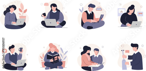 Diverse people engaged in various activities like working, reading, and socializing