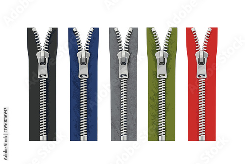 Vector illustration of five colorful zippers in black, blue, grey