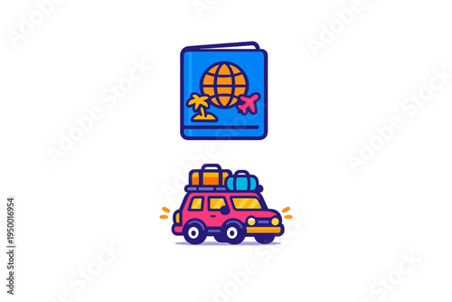 A set of two colorful travel icons featuring a blue passport with a