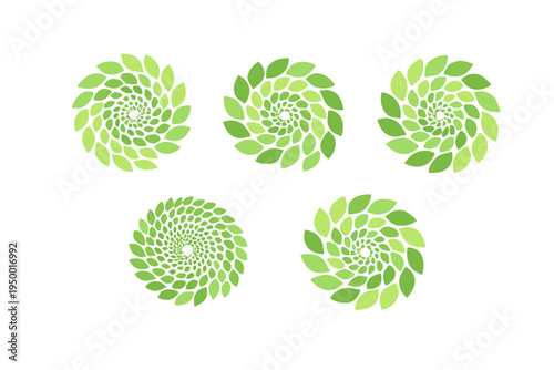 A set of five circular spiral icons composed of green leaf shapes in