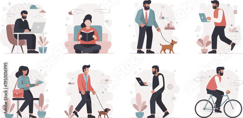 Diverse people engaged in various activities like working, reading, dog walking, and cycling