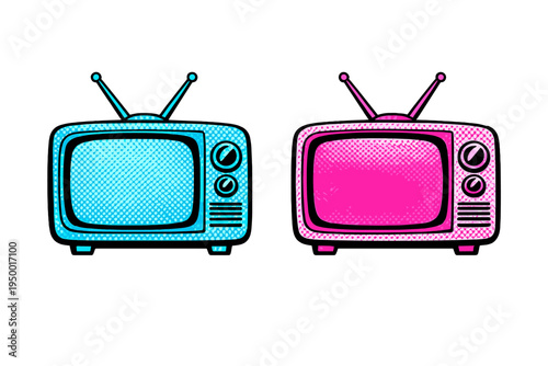 Two retro television sets in cyan and magenta colors, featuring a pop