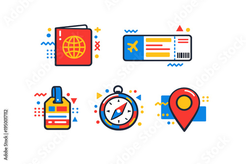 A collection of five travel and tourism icons featuring a passport