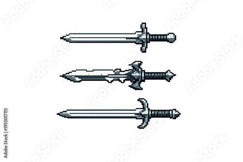 Collection of three pixel art swords featuring various designs for
