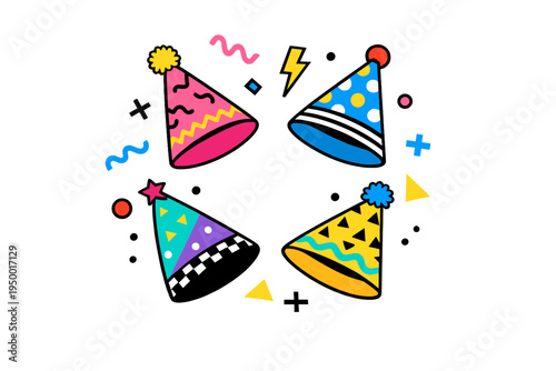 A set of four colorful party hats in a vibrant Memphis design style