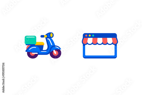 A flat vector illustration featuring a blue delivery scooter with a