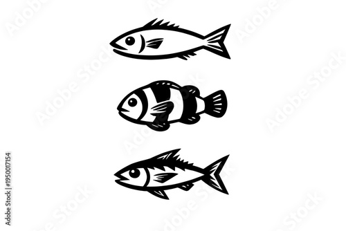 A collection of three stylized fish icons in black and white vector