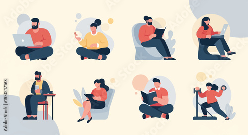 Diverse people engaged in various activities reading, working, and exercising (1)