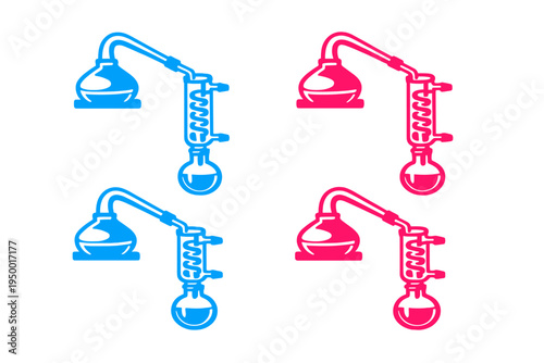 Vector illustration featuring four icons of a laboratory distillation