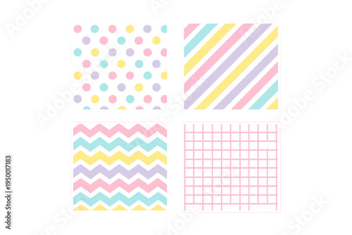 A set of four seamless pastel patterns featuring colorful polka dots