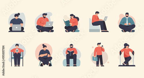 Diverse people engaged in various activities reading, working, and exercising (2)