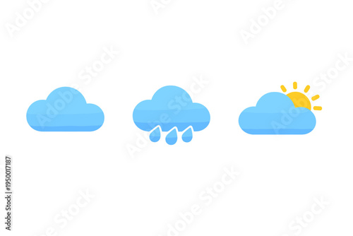 A set of three weather icons featuring a blue gradient cloud, a cloud