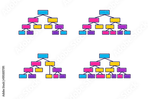 A set of four colorful hierarchical tree diagrams or organizational