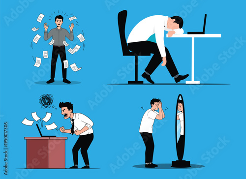 Office Work Stress and Burnout Vector Set, Exhausted Angry and Depressed Employee Illustration