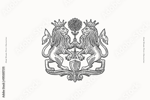 Hand-drawn heraldic emblem with two crowned lions holding a flower above a shield. Vintage engraving style illustration suitable for logos, branding, labels, packaging, tattoos, and decorative prints.