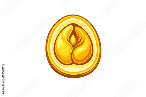 A stylized golden egg-shaped emblem with a symmetrical organic design