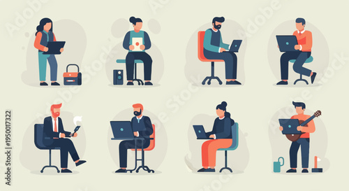 Diverse people engaged in various activities, some using laptops