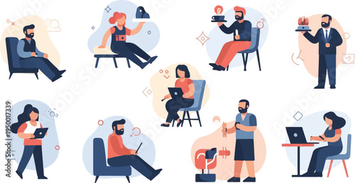 Diverse people engaged in various activities, some using devices