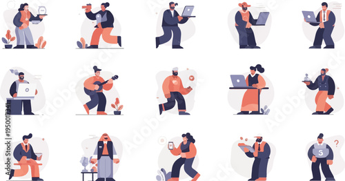 Diverse people engaged in various activities, some with laptops, others with drinks or instruments