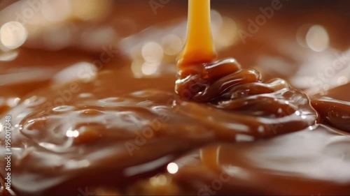 Caramel sauce pouring over stack of pancakes. Golden syrup drizzle topping sweet dessert. Animated food sequence showing glossy topping process for culinary visuals