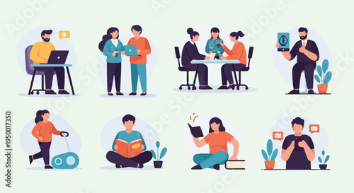 Diverse people engaged in various activities working, meeting, and leisure