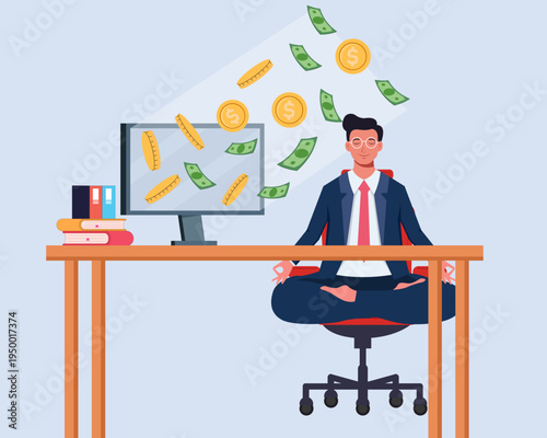 easy passive income earn money while meditation earning from online trading, stock market growth vector illustration