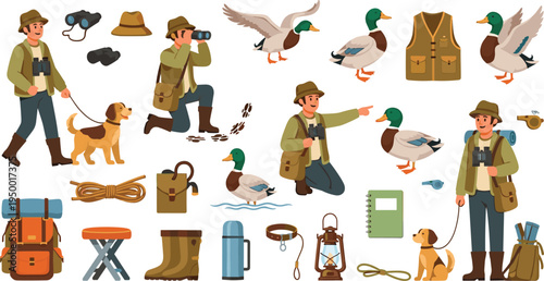 Cartoon Duck Hunting Character Set with Hunter Dog Mallard Birds Backpack Boots Binoculars and Outdoor Adventure Equipment Vector Illustration
