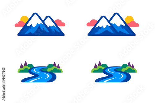 A set of flat vector icons featuring stylized snow-capped blue