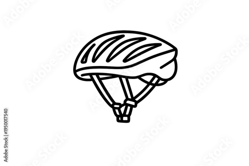 A black and white line art illustration of a bicycle helmet with
