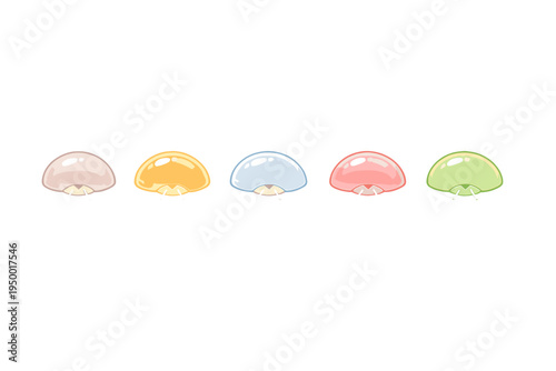 A set of five colorful, glossy jellyfish or slime characters in a