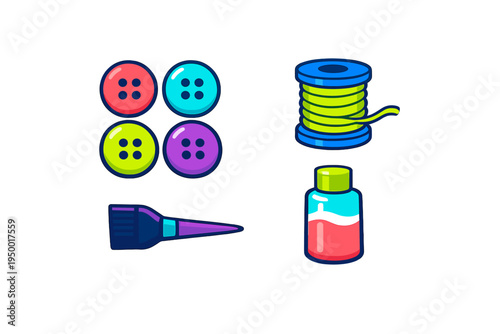 A collection of colorful sewing and craft icons featuring four