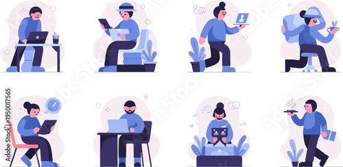 Diverse people engaged in various activities with technology and food