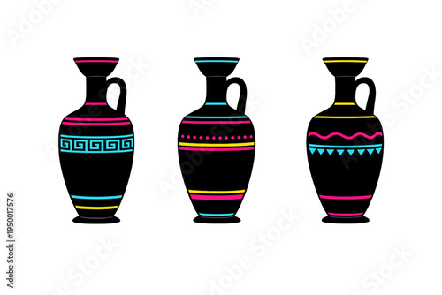 A set of three black ancient Greek amphorae with colorful geometric