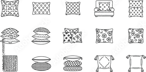 Decorative pillows and cushions collection with patterned sofa pillows home decor textile vector line icon set