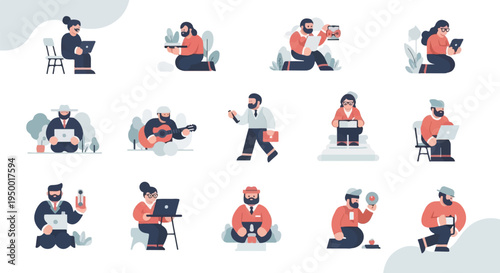 Diverse people engaged in various activities with technology and leisure pursuits