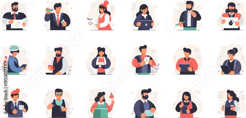 Diverse people engaged in various activities, holding items, and interacting digitally