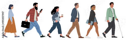 Set of diverse individuals walk in a line, each engaged in their own activity. One holds a briefcase, another a phone, and one uses a cane. Their expressions show purpose, calm