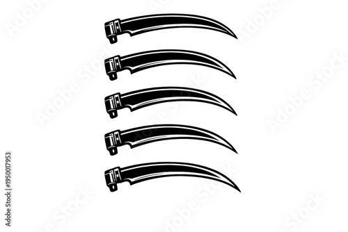 A set of five black and white vector illustrations of curved scythe