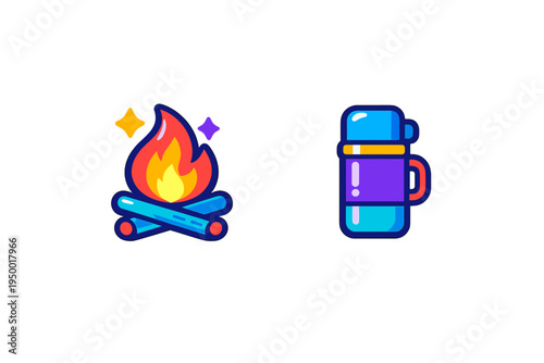 A vector illustration set featuring a stylized campfire with blue